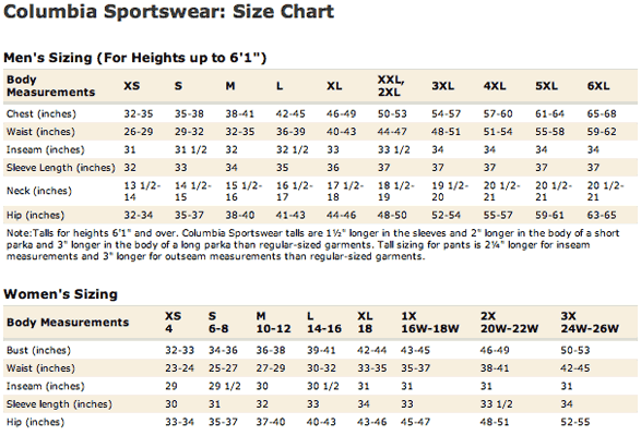 Columbia Size Chart Men's